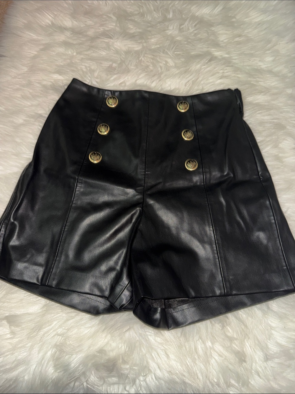 Zara High-Rise Black Faux Leather Shorts with Gold Buttons